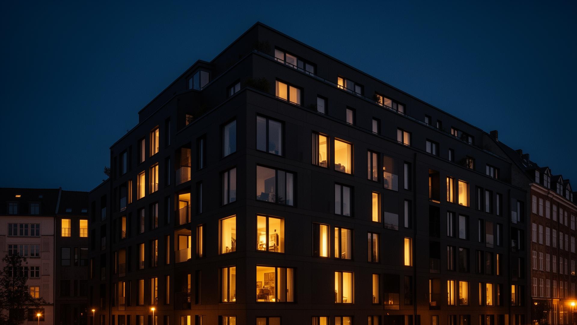Moderne ejendom om aftenen